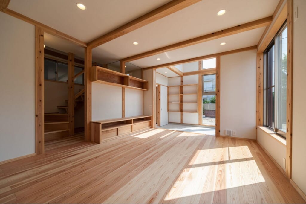 自然素材をふんだんに使用したリビングルームから続く土間