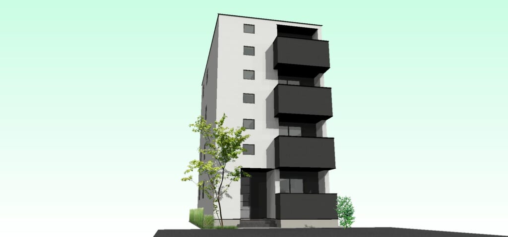 ウッドワンの構造材を用いた木造4階建て賃貸マンション（または宿泊施設）の完成予想パース。白い外壁に、黒いバルコニーが各階に張り出しているモダンなデザイン。