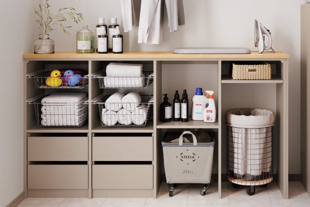 システム収納,グレー,引き出し,作業台,可動棚,アイロンがけ,洗濯物たたむスペース,木の台