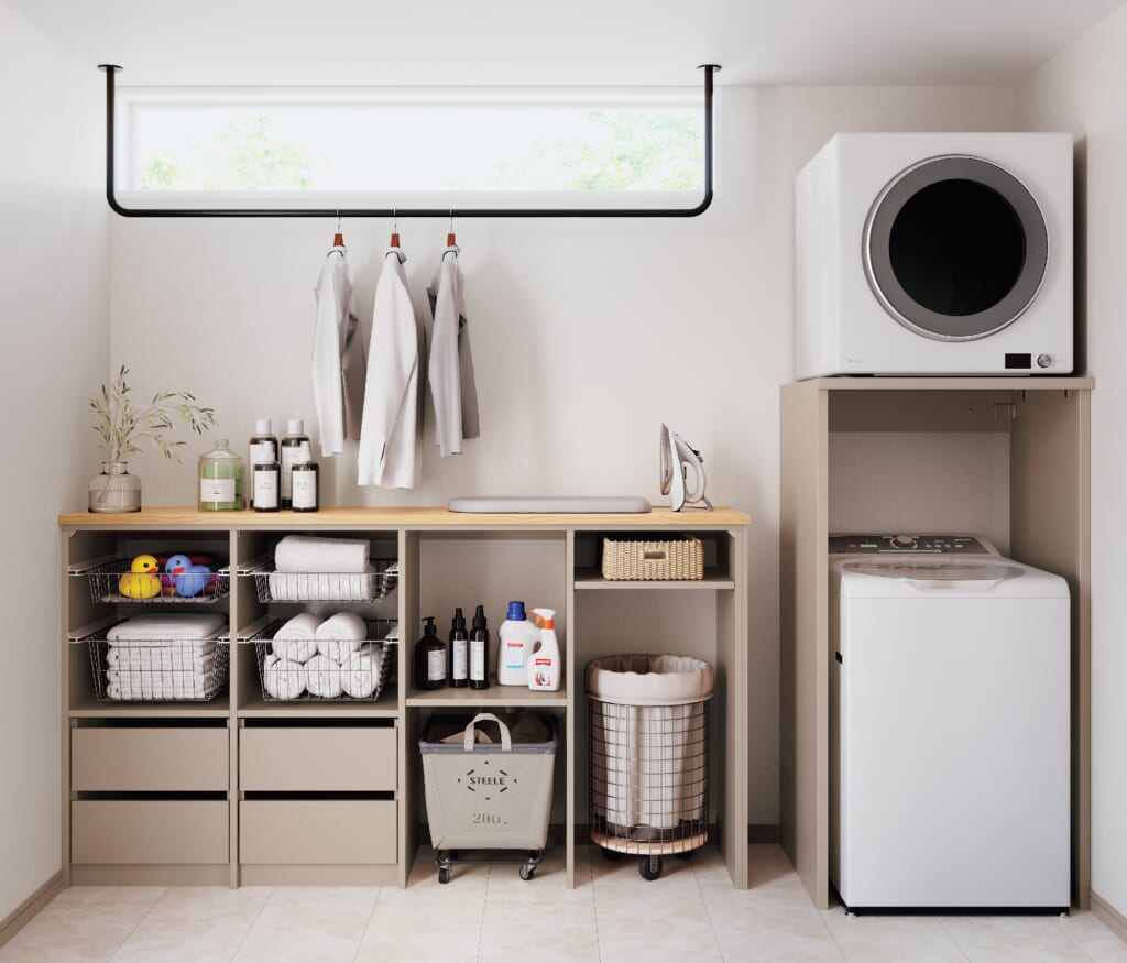 衣類乾燥機専用台,乾太くん,洗濯動線,ランドリールーム,洗濯,乾燥,アイロンがけ,作業スペース,洗濯物たたむ,衣類乾燥機,台,引き出し収納,グレー,システム収納